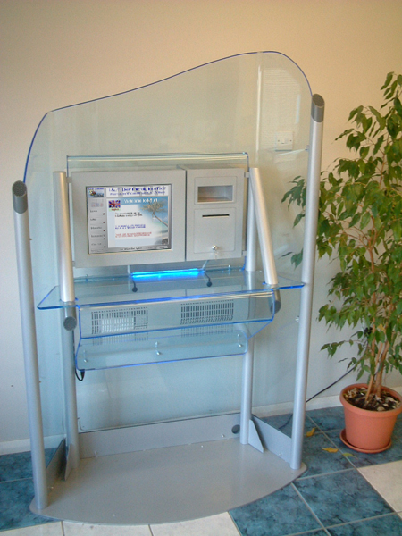 The v46 kiosk unit is designed to comfortably accommodate wheelchair users, whilst maintaining a stylish design. The large area behind the screen is ideal for advertising or identification.